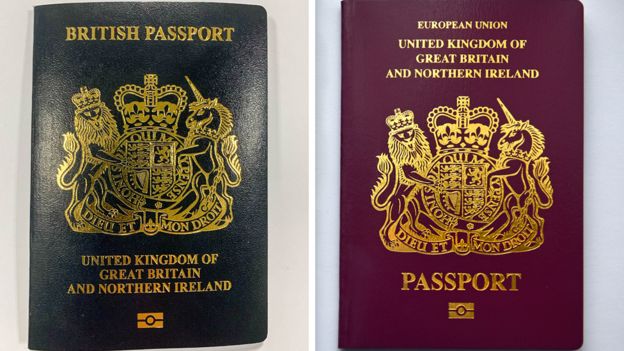 A new blue British passport alongside the current burgundy British passport